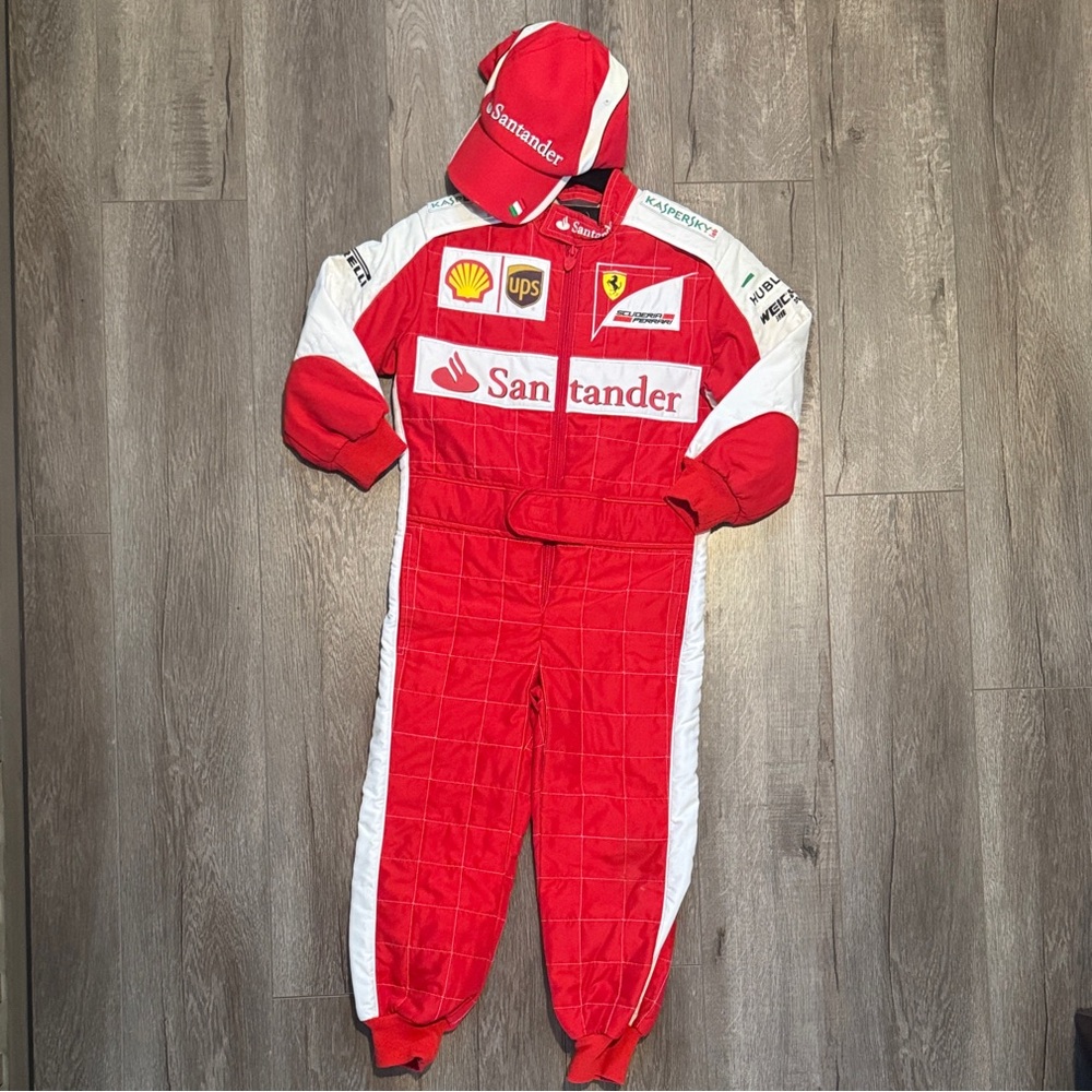 Ferrari Kids Authentic 2014 Formula 1 Red and White Race suit and Matching Hat